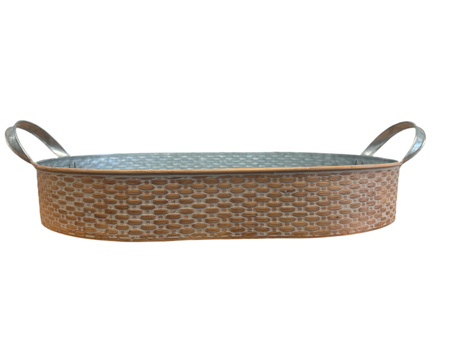 Basket Weave Embossed Oval Metal Tray with Handles - Large