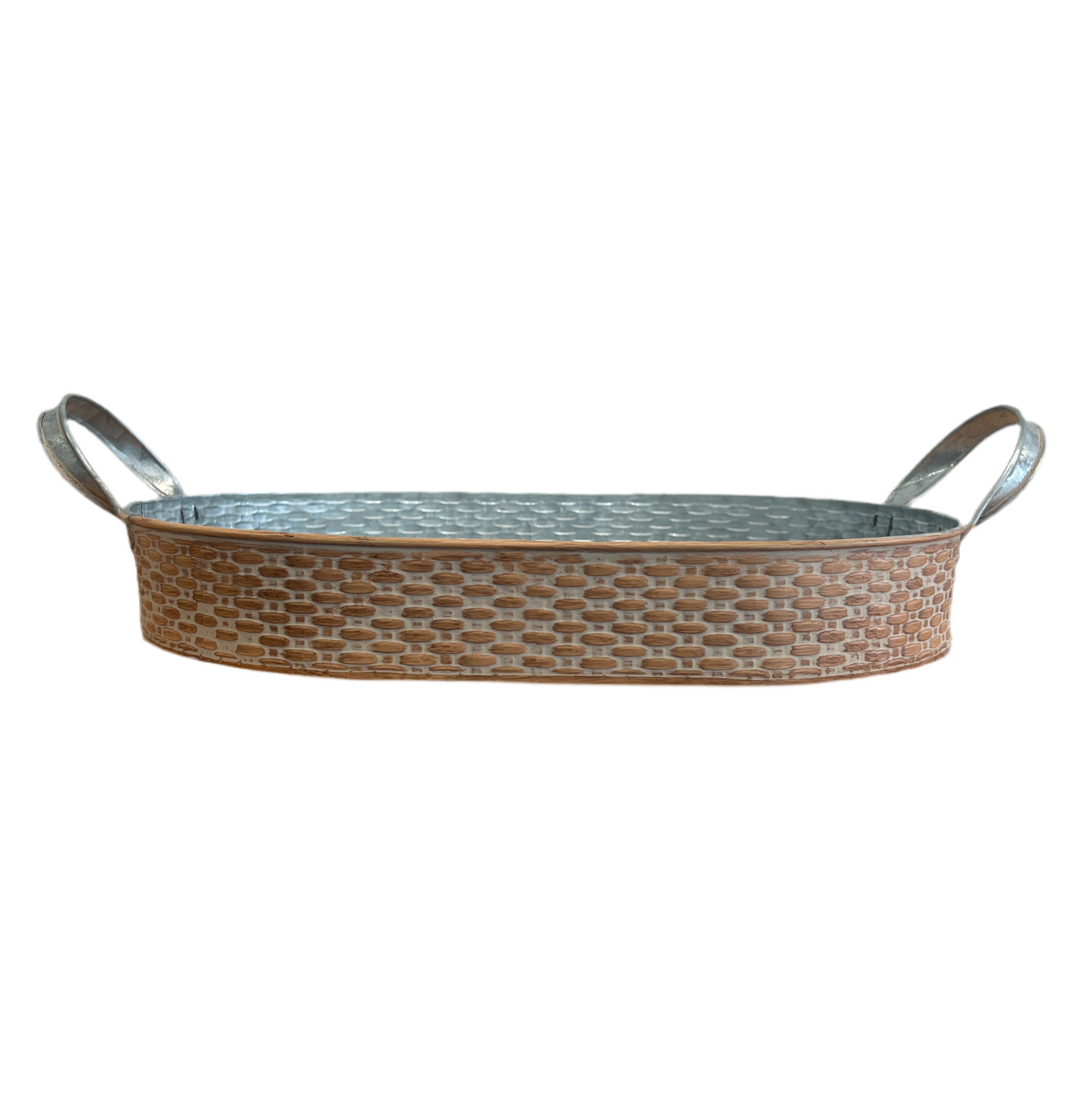 Basket Weave Embossed Oval Metal Tray with Handles - Small