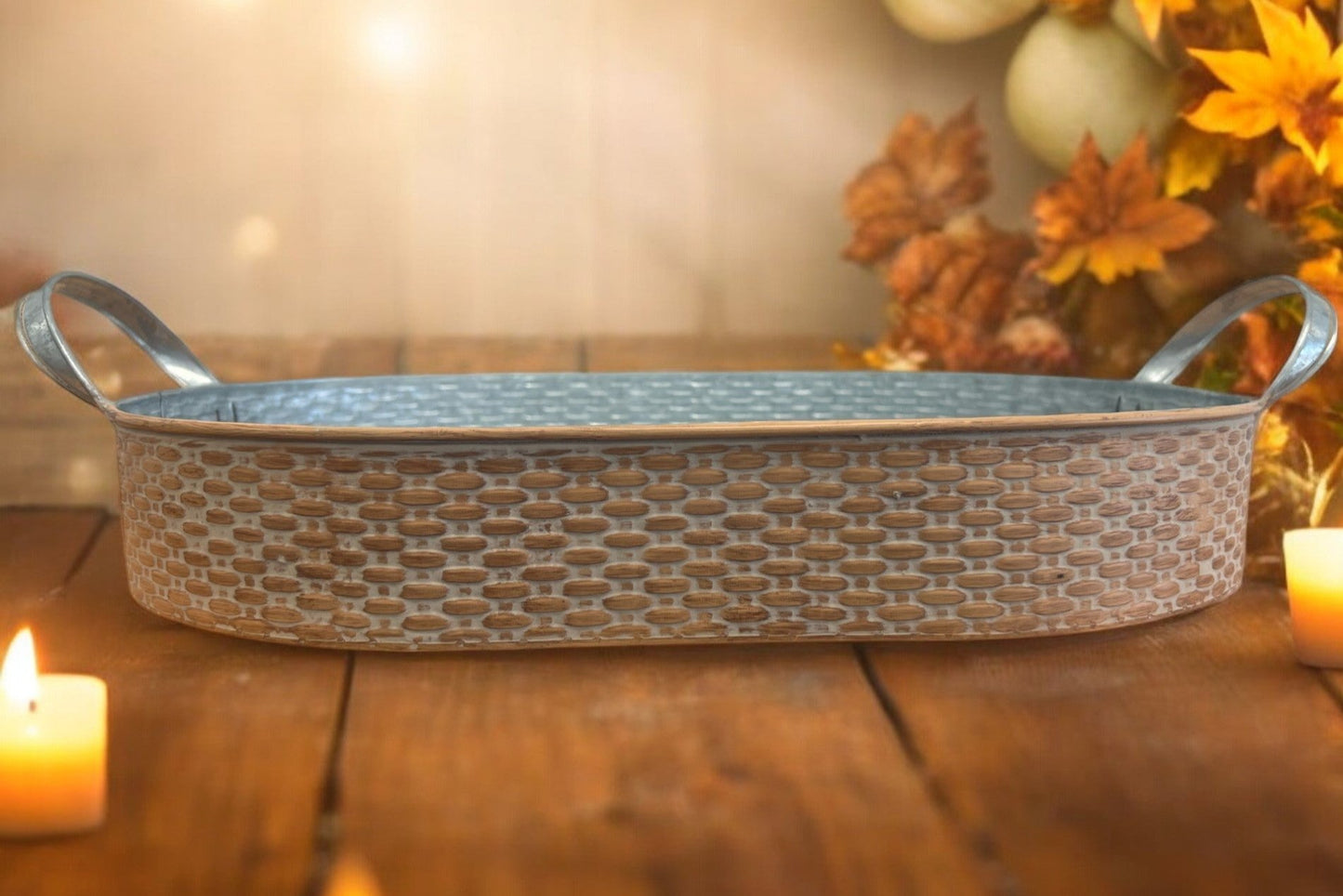 Basket Weave Embossed Oval Metal Tray with Handles - Large