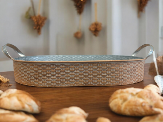 Basket Weave Embossed Oval Metal Tray with Handles - Large