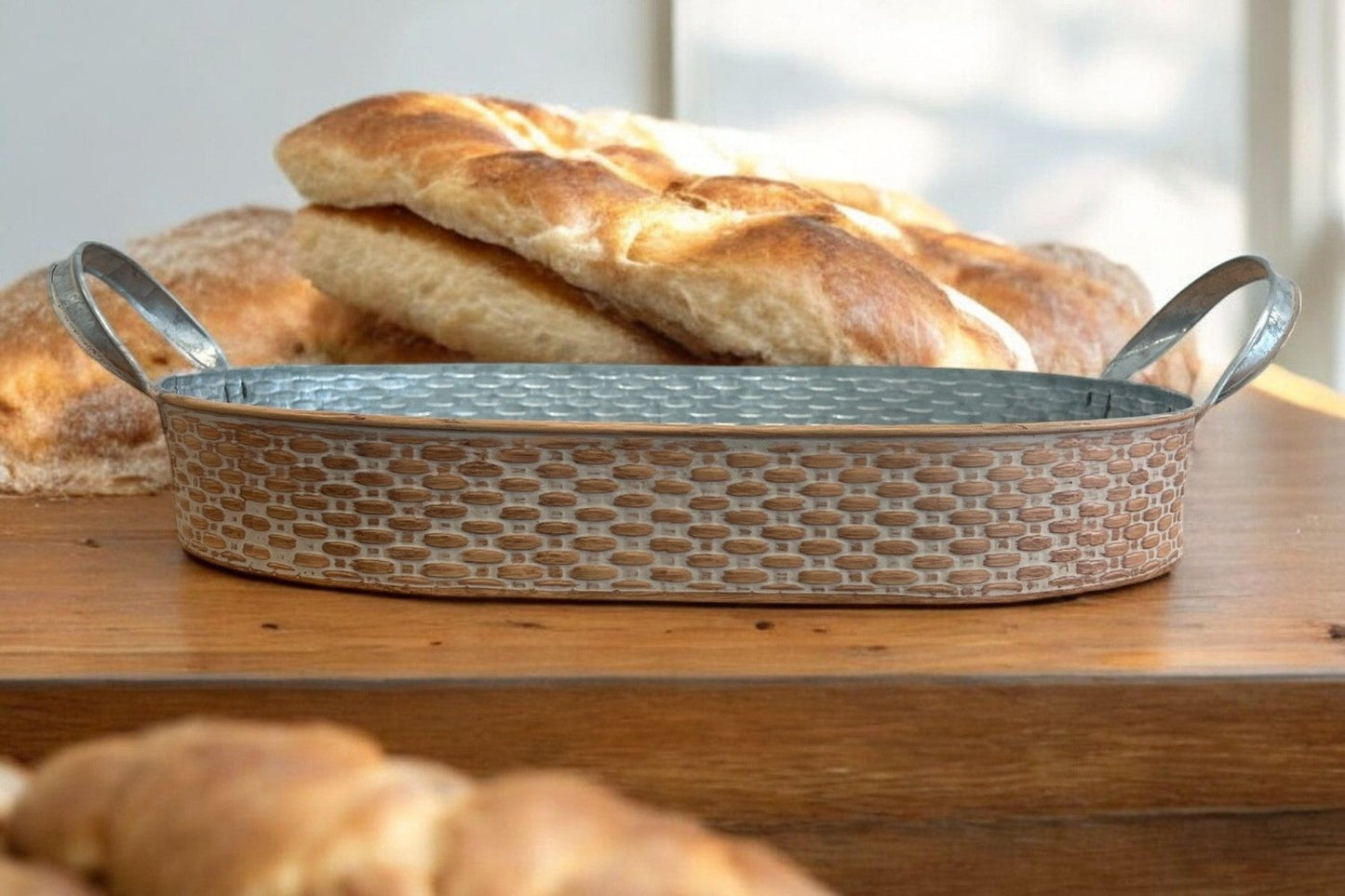 Basket Weave Embossed Oval Metal Tray with Handles - Small